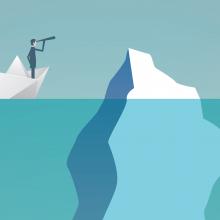 illustration of a man on a boat looking toward an iceberg
