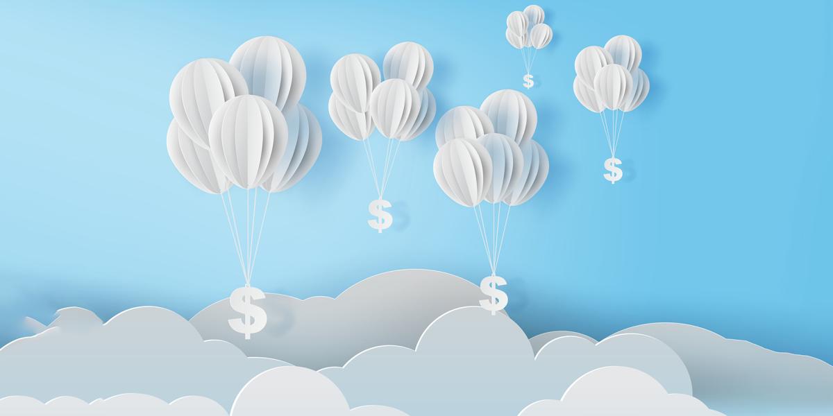 balloons with dollar signs floating above clouds