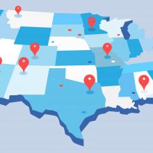 Map of the United States with random places marked