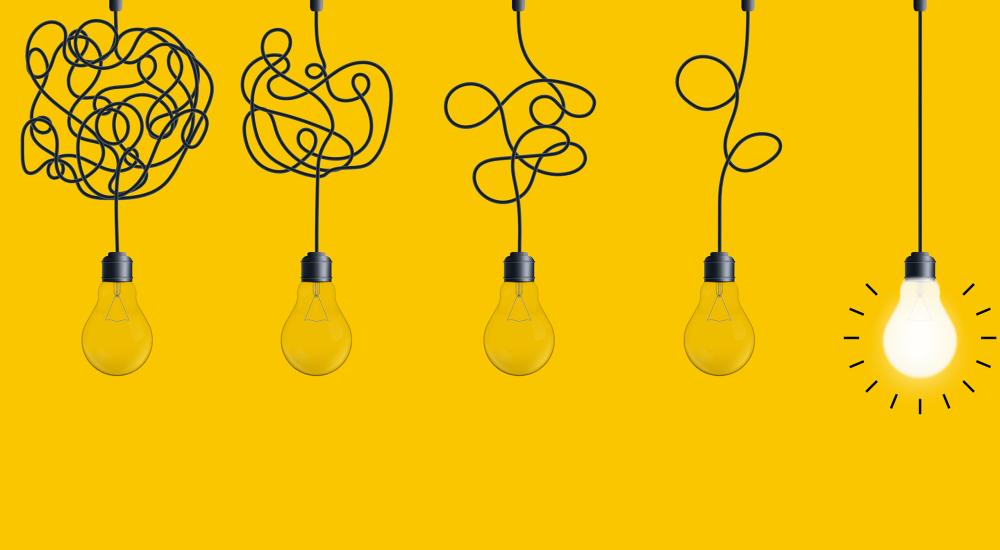 illustration of five light bulbs with tangled courts