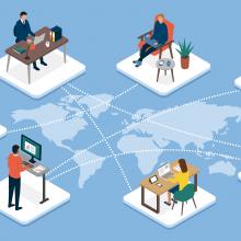 Illustration of people in different work spaces connected