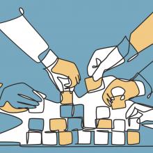 Line drawing of hands placing blocks together