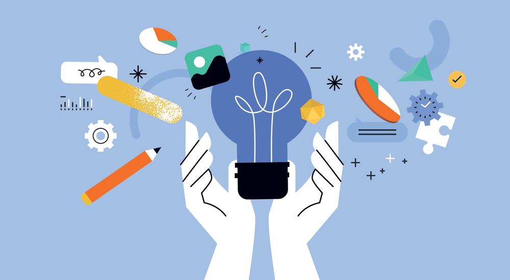 abstract illustration of hands with lightbulb surrounded by analysis-related icons