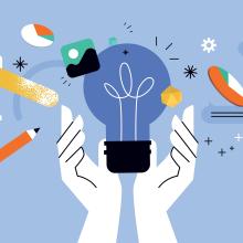 abstract illustration of hands with lightbulb surrounded by analysis-related icons