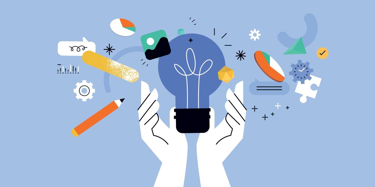 abstract illustration of hands with lightbulb surrounded by analysis-related icons