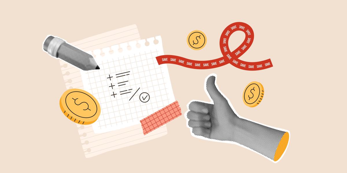 collage-style illustration of budgeting and money symbols and objects