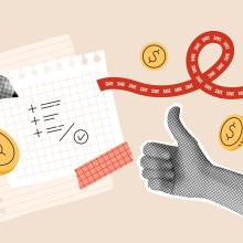 collage-style illustration of budgeting and money symbols and objects