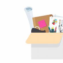 Illustration of a box filled with desk accessories 