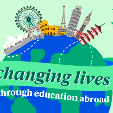 WorldStrides podcast graphic: iconic monuments on globe