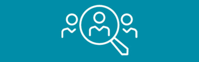 Three human shapes, the middle one is inside a magnifying glass